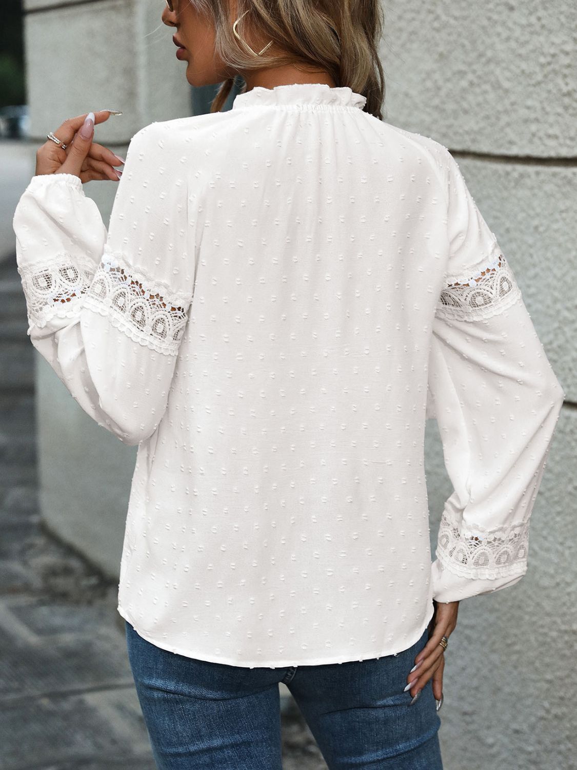 Perfee Lace Detail Tie Neck Long Sleeve Blouse