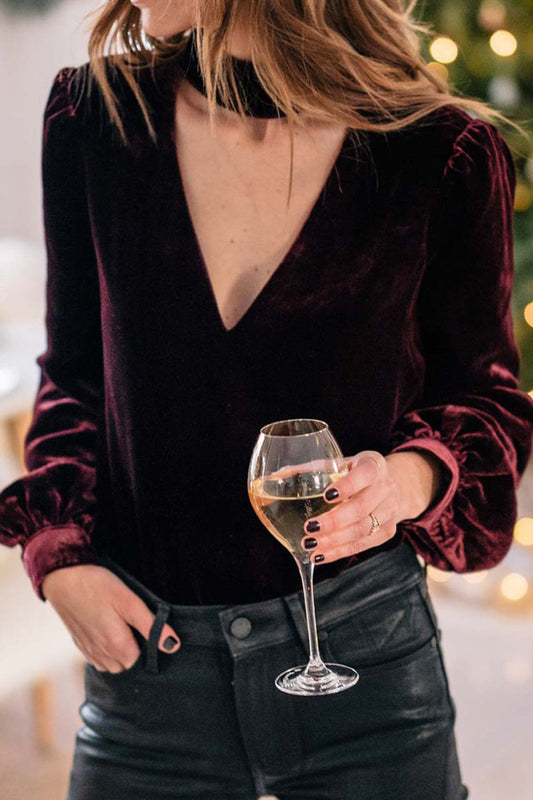 Cutout Long Sleeve Velvet Blouse