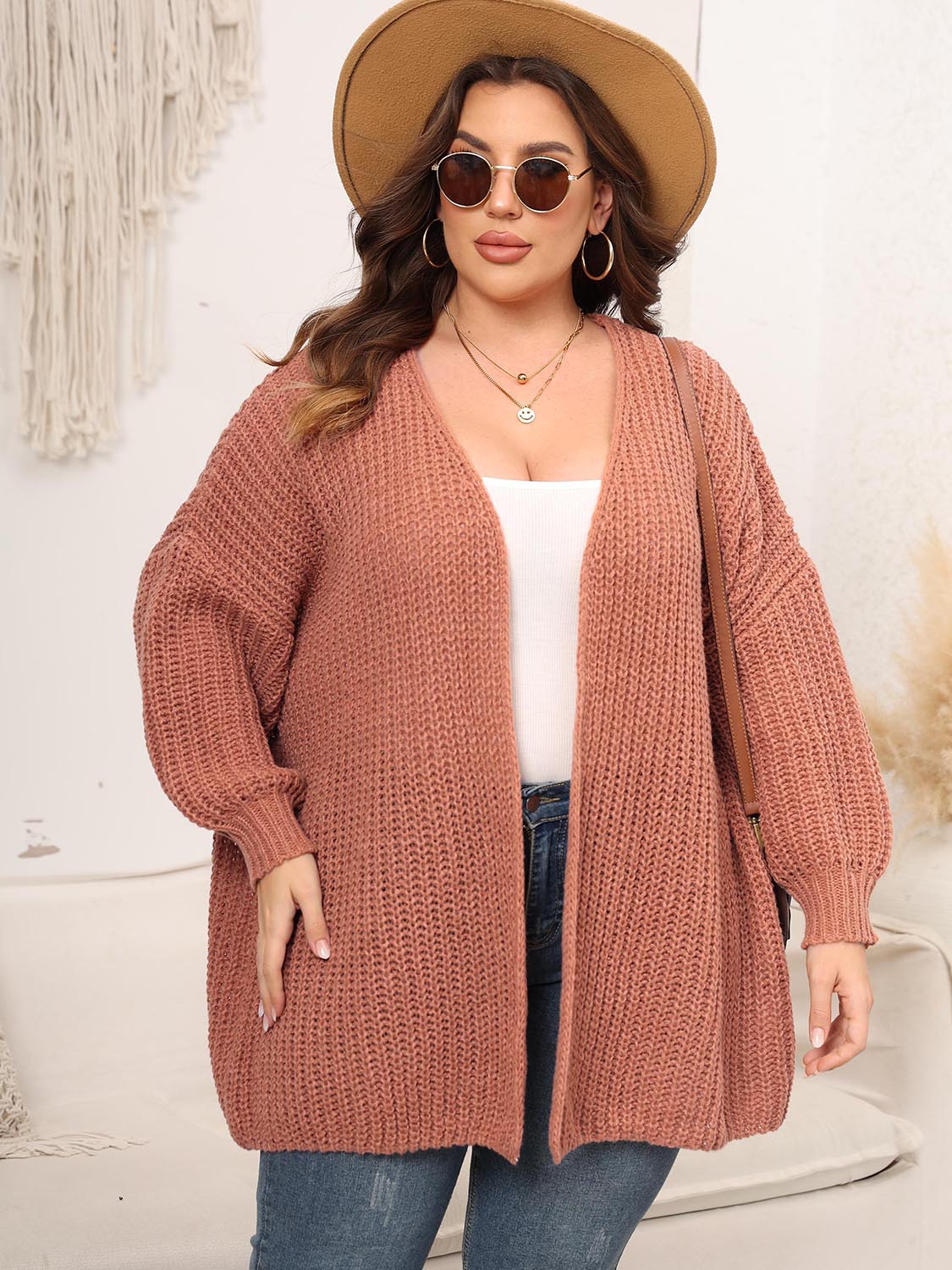 Cardigan en tricot à épaules tombantes et devant ouvert grande taille