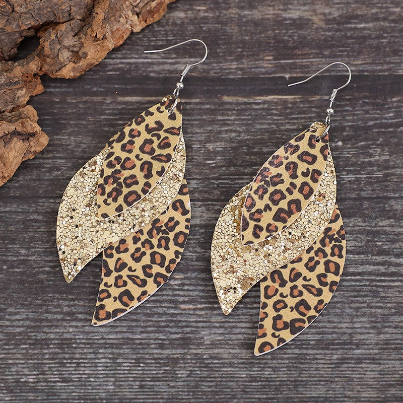 Boucles d'oreilles en cuir PU motif feuille de léopard