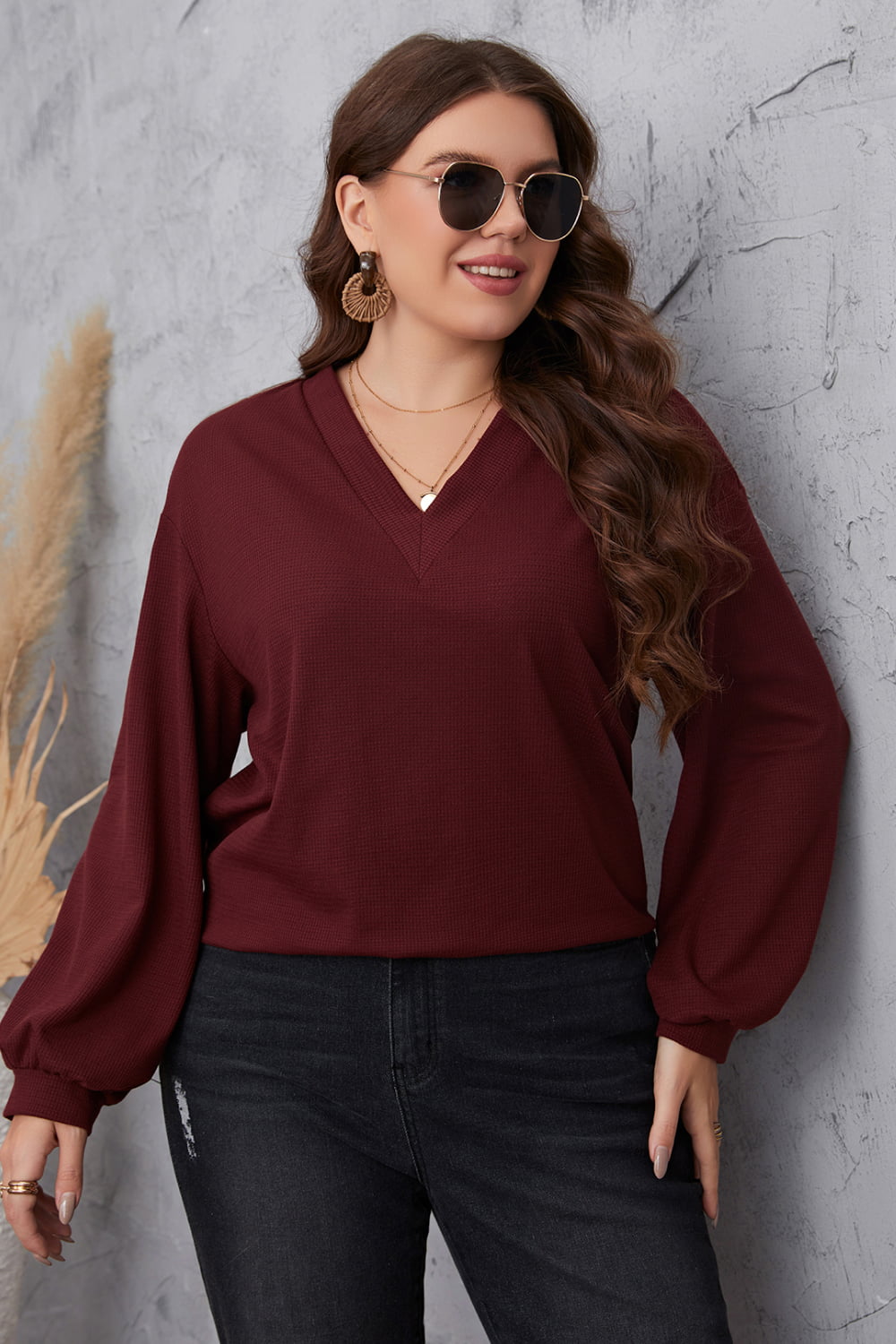 Honey Melo Apparel Plus Size V-Neck Dropped Shoulder Blouse