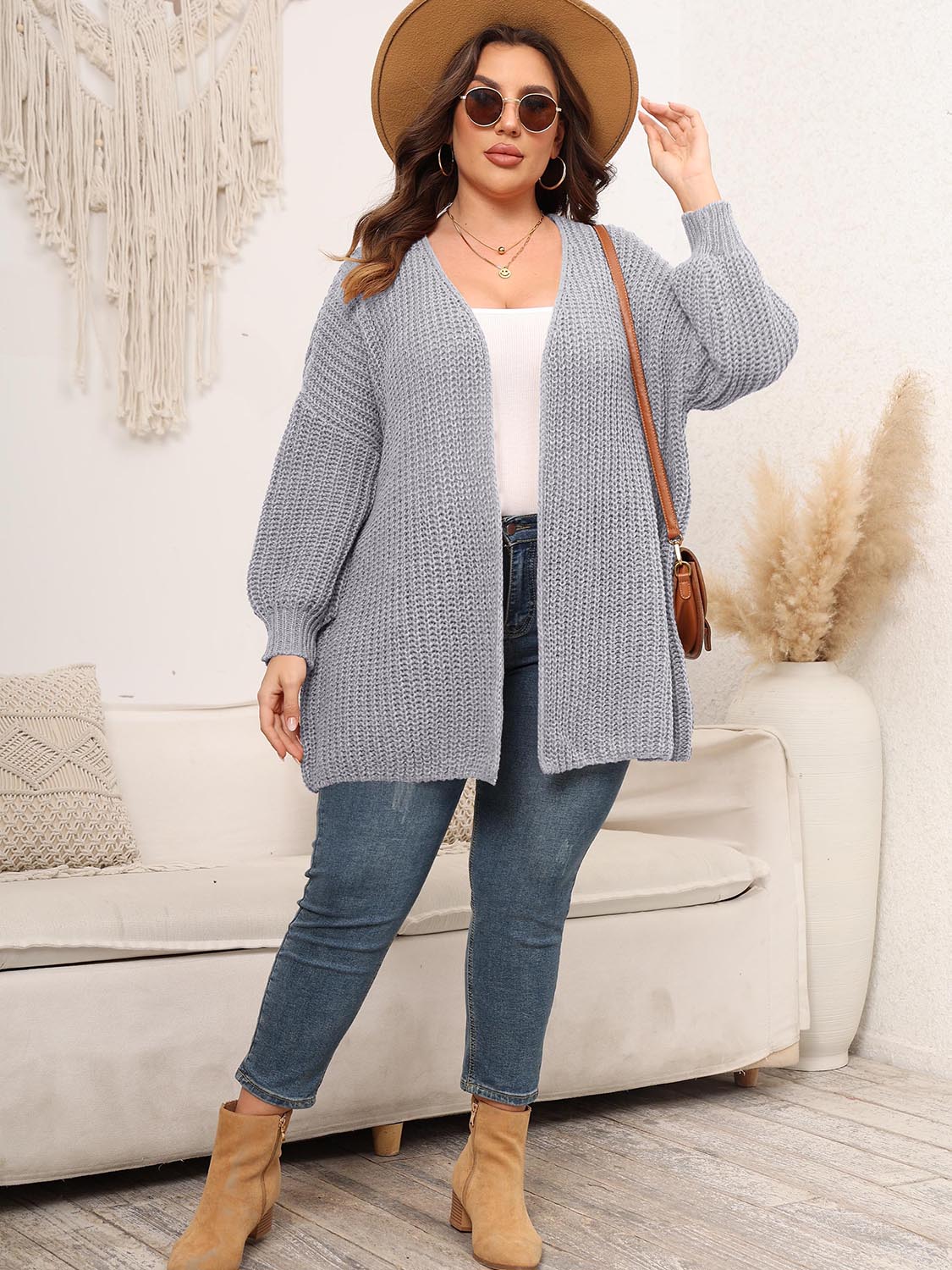 Cardigan en tricot à épaules tombantes et devant ouvert grande taille