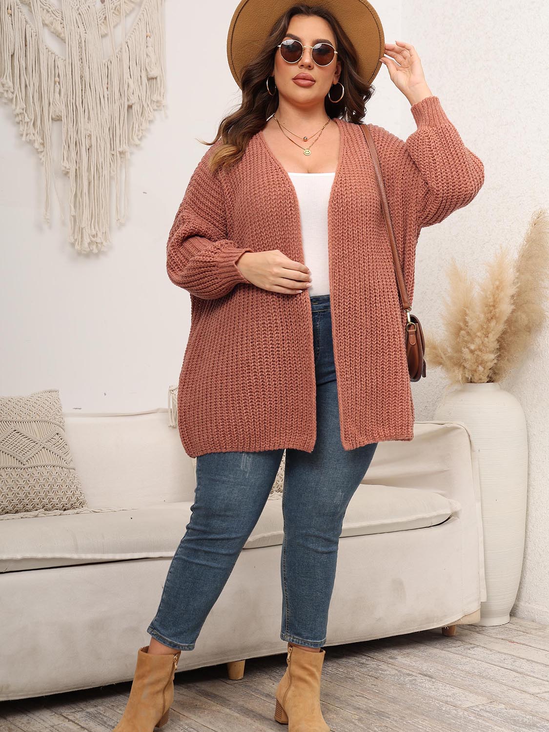 Cardigan en tricot à épaules tombantes et devant ouvert grande taille