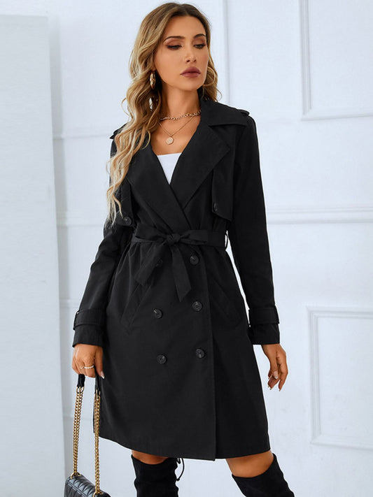 Trench-coat croisé à col à revers et ceinture nouée