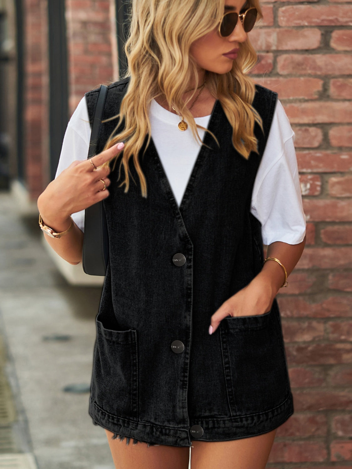 Full Size V-Neck Button Up Denim Vest