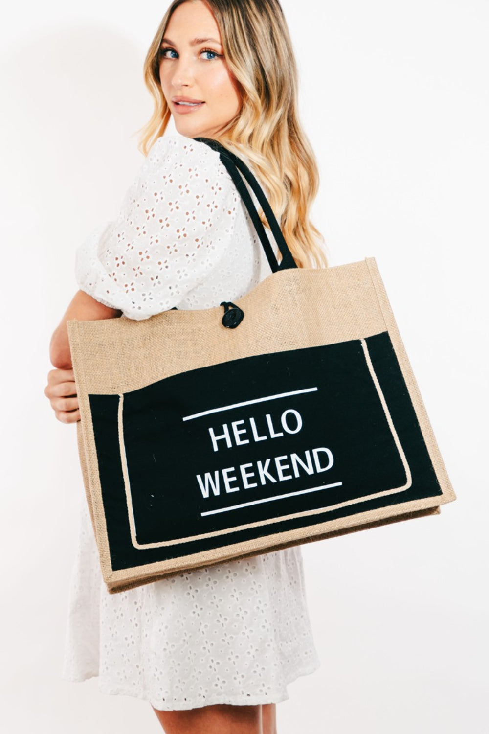 Sac fourre-tout en toile de jute Fame Hello Weekend