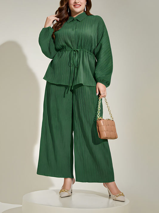 Ensemble haut boutonné à col montant et pantalon à jambe large grande taille