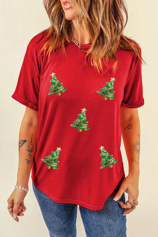 T-shirt à manches courtes et col rond avec motif sapin de Noël à paillettes