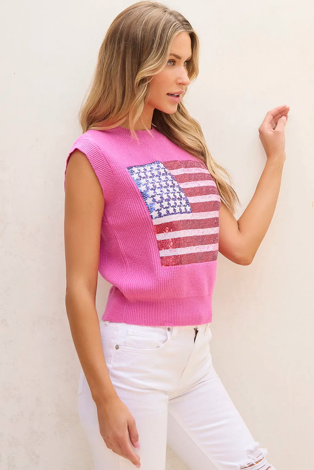 Sequin US Flag Round Neck Sweater Vest