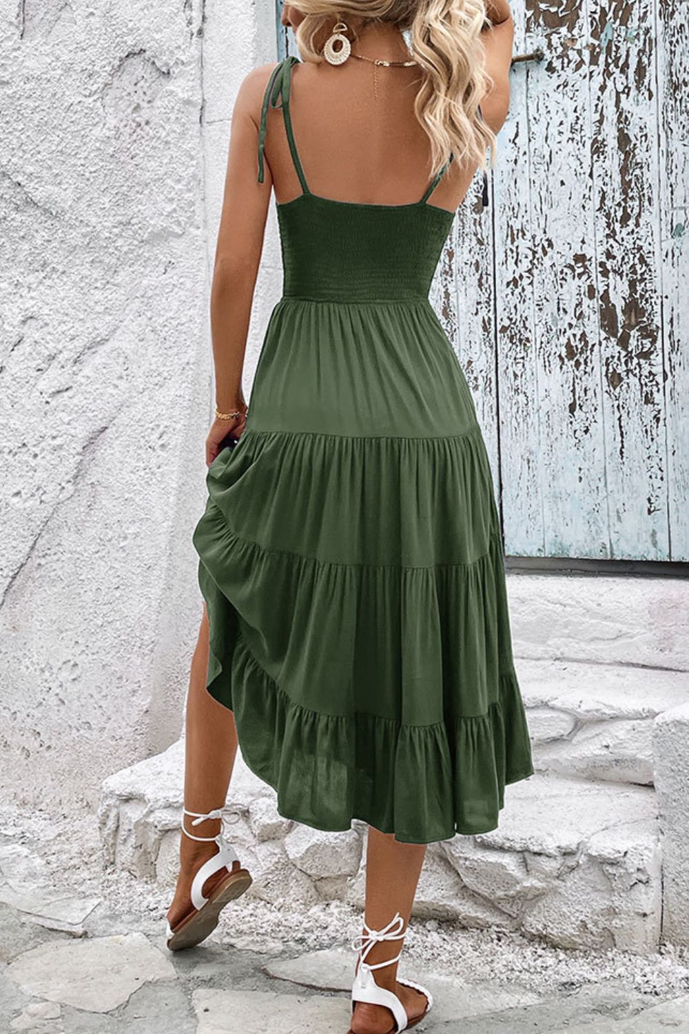 Perfee Tie-Shoulder Tiered Midi Dress