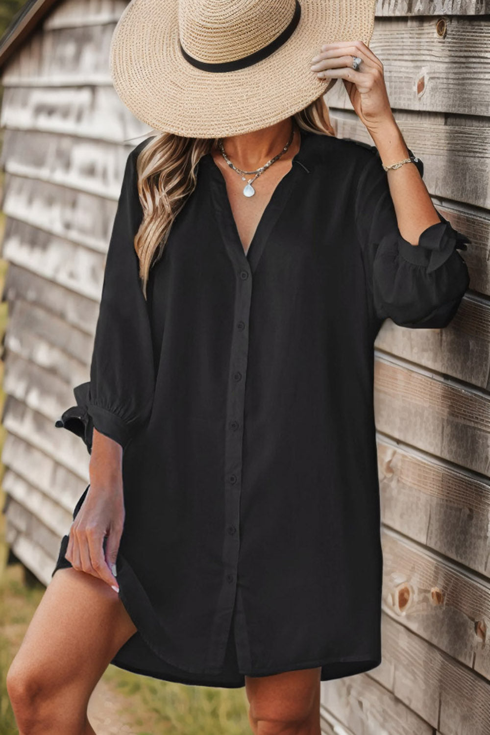 Robe chemise boutonnée à col en V grande taille