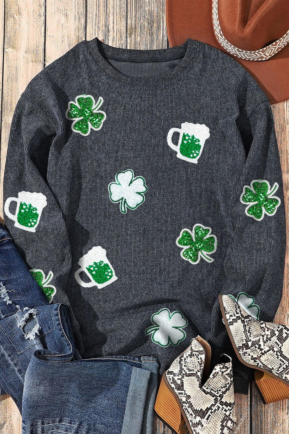 Lucky Clover Beer Sequin Round Neck Sweatshirt