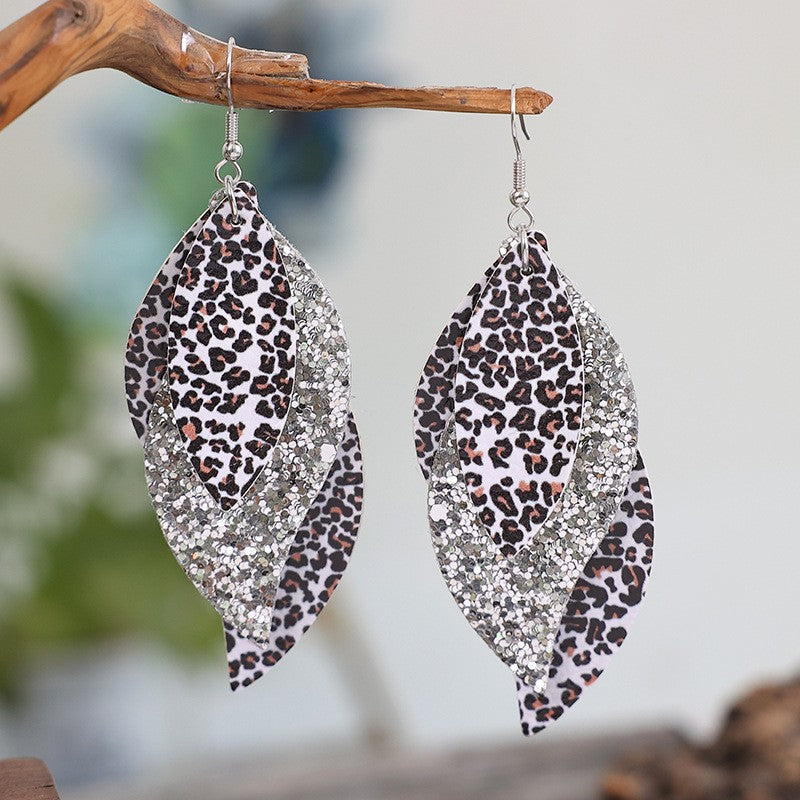 Boucles d'oreilles en cuir PU motif feuille de léopard