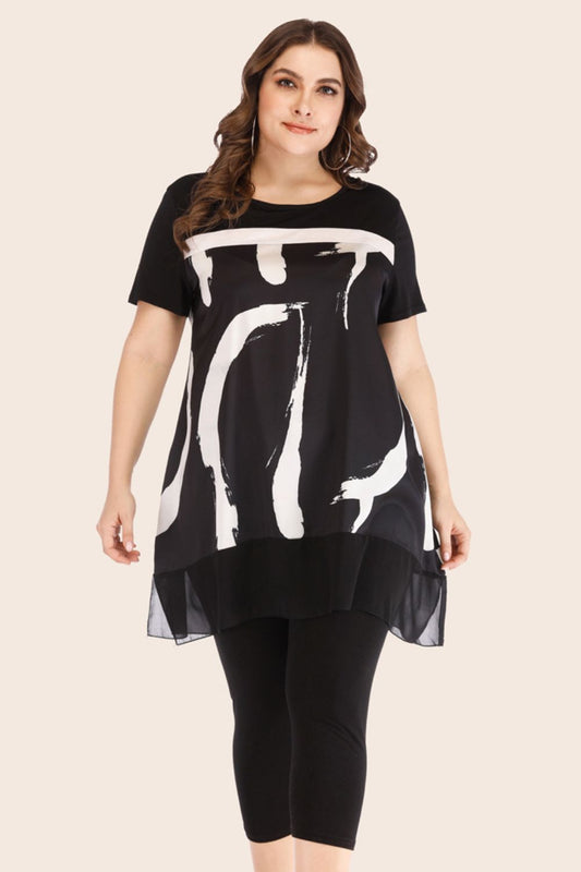 Ensemble t-shirt en maille épissée contrastée grande taille et leggings courts