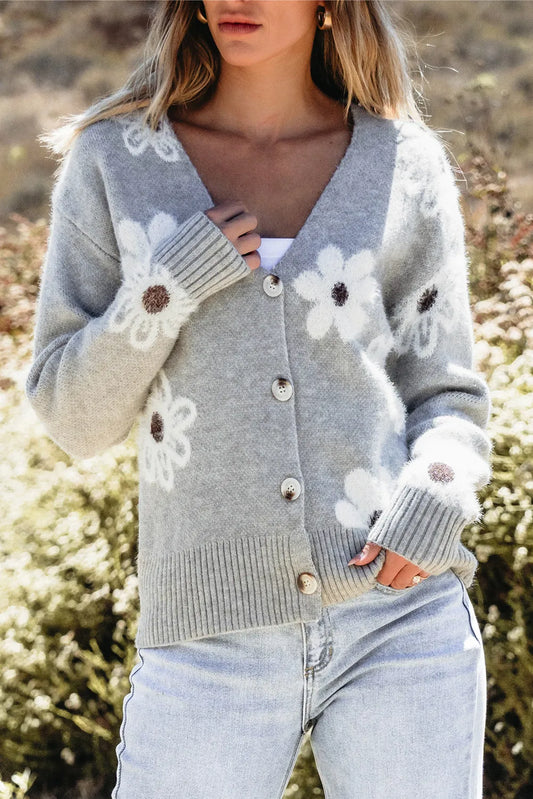 Cardigan à manches longues boutonné et fleuri