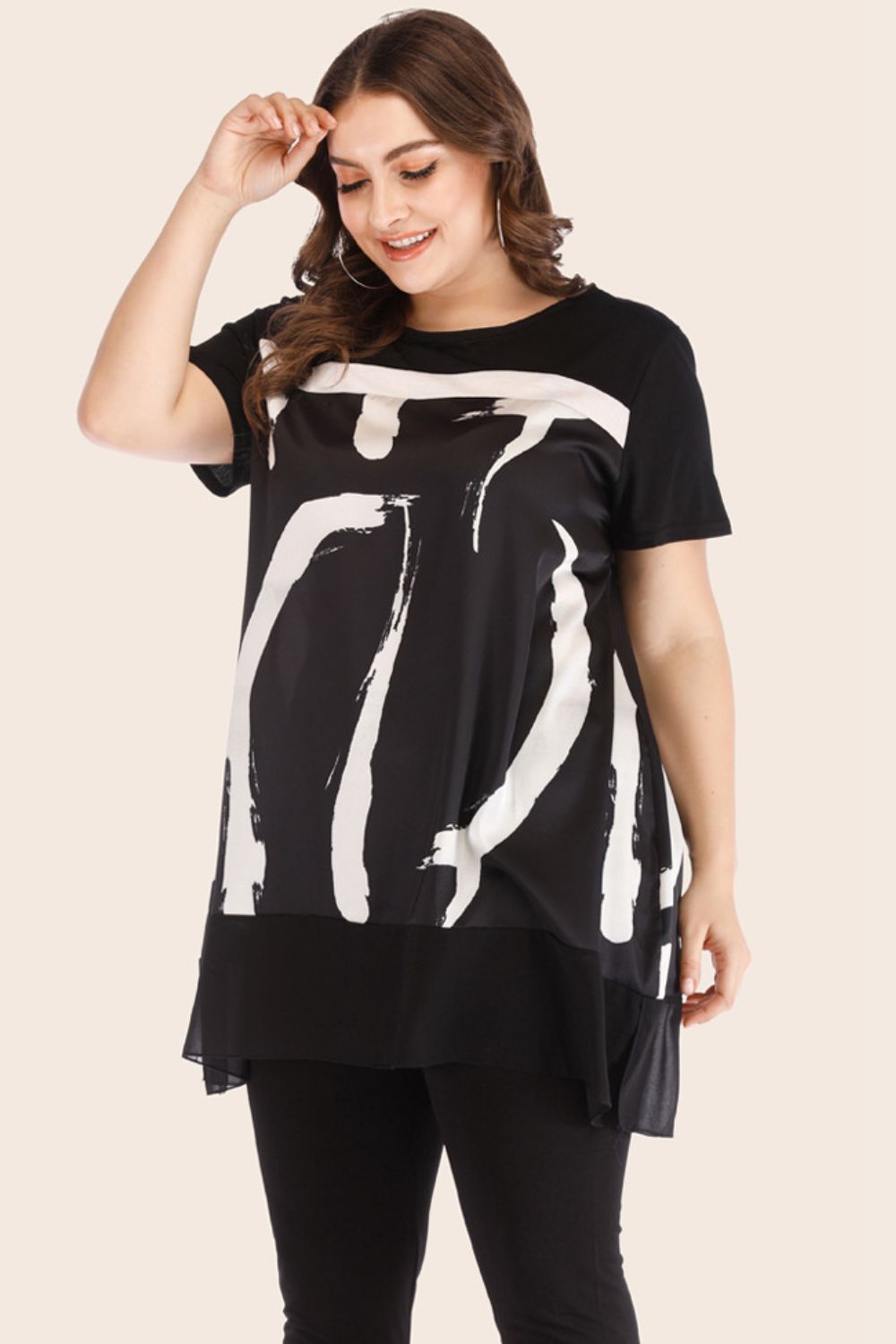 Ensemble t-shirt en maille épissée contrastée grande taille et leggings courts