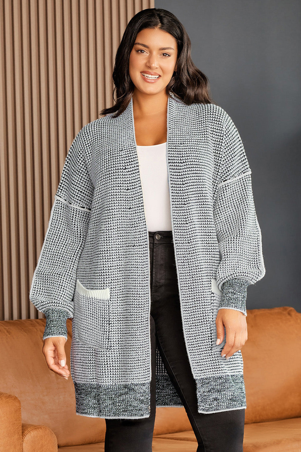 Cardigan long ouvert sur le devant grande taille