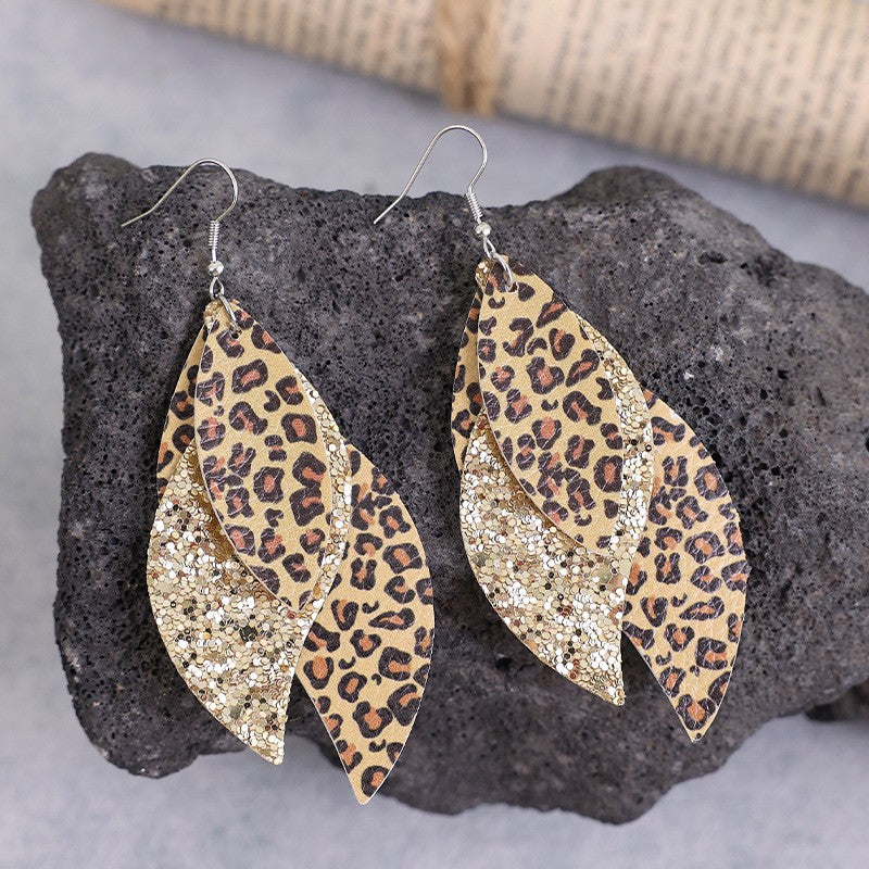 Boucles d'oreilles en cuir PU motif feuille de léopard