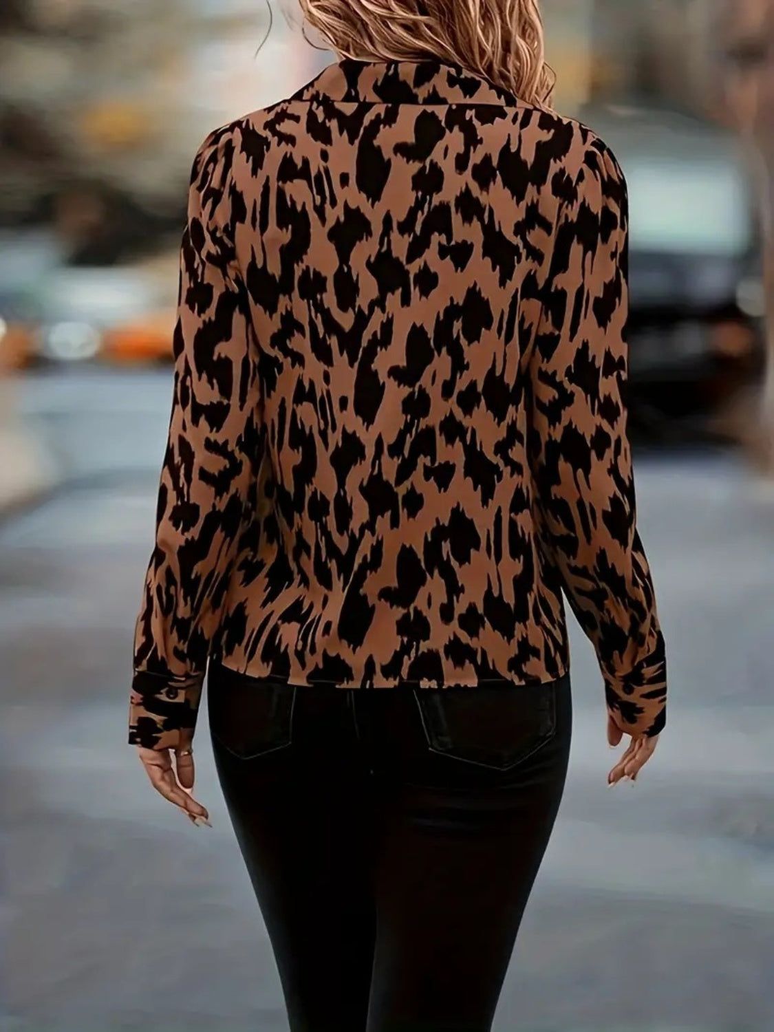 Printed Johnny Collar Long Sleeve Blouse