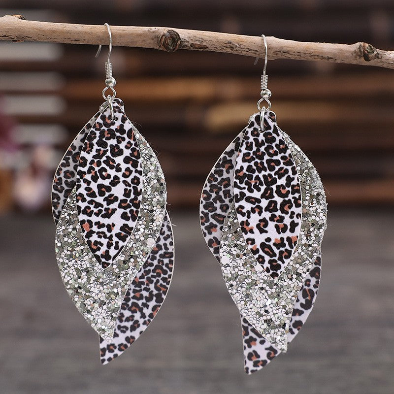 Boucles d'oreilles en cuir PU motif feuille de léopard