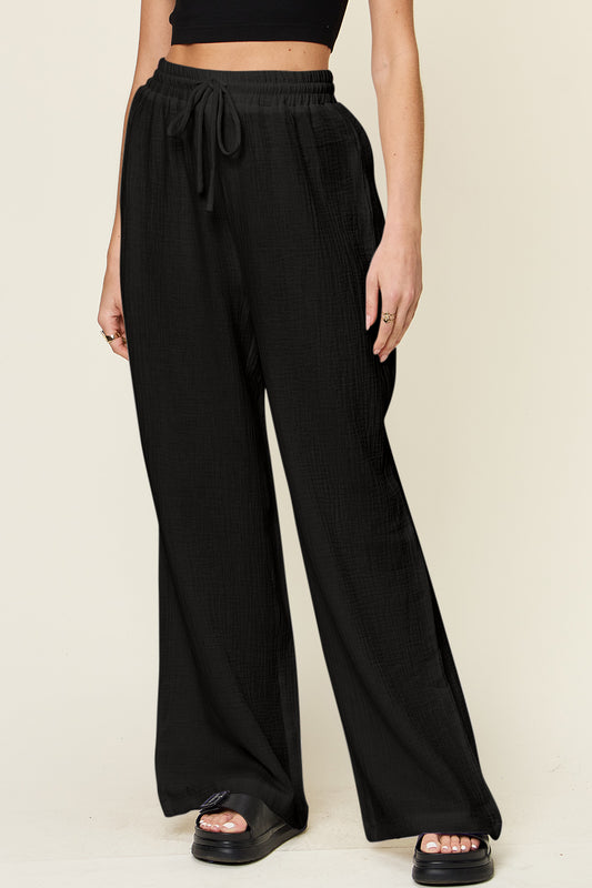 Double Take Full Size Texture Drawstring Wide Leg Pants