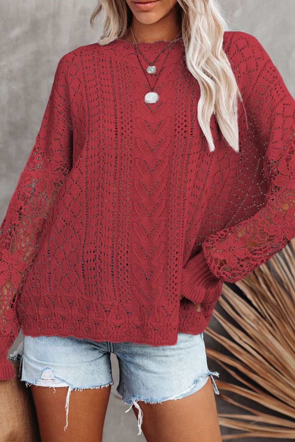 Openwork Round Neck Long Sleeve Sweater