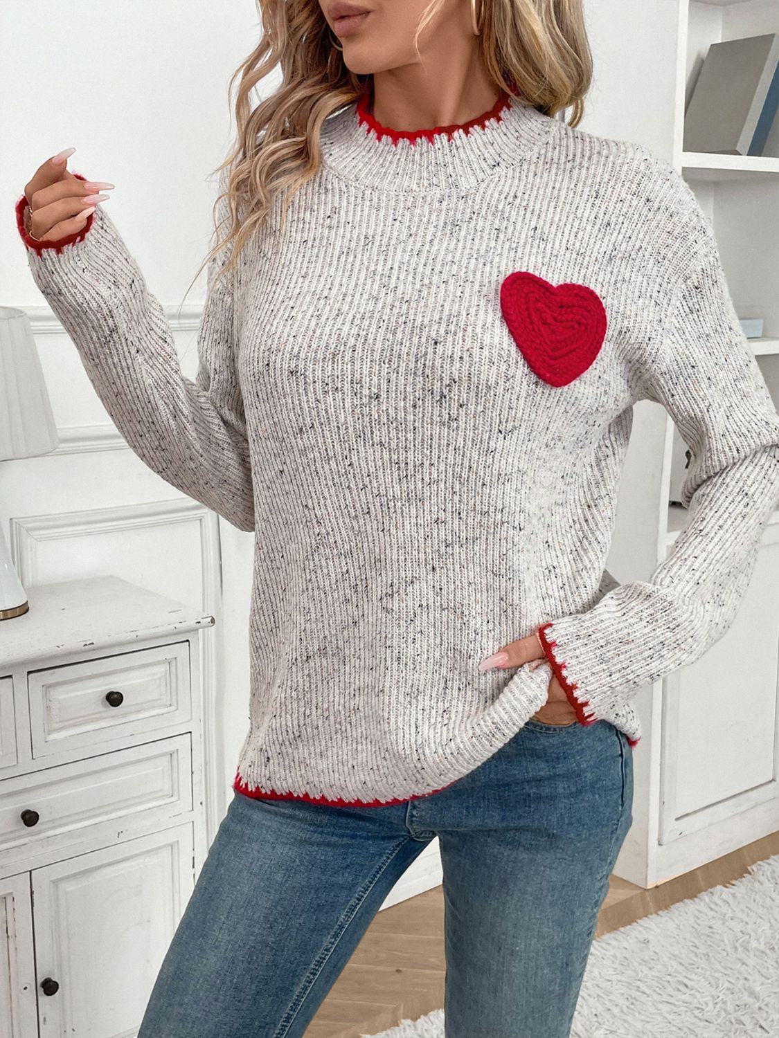 Perfee Contrast Heart Round Neck Long Sleeve Sweater