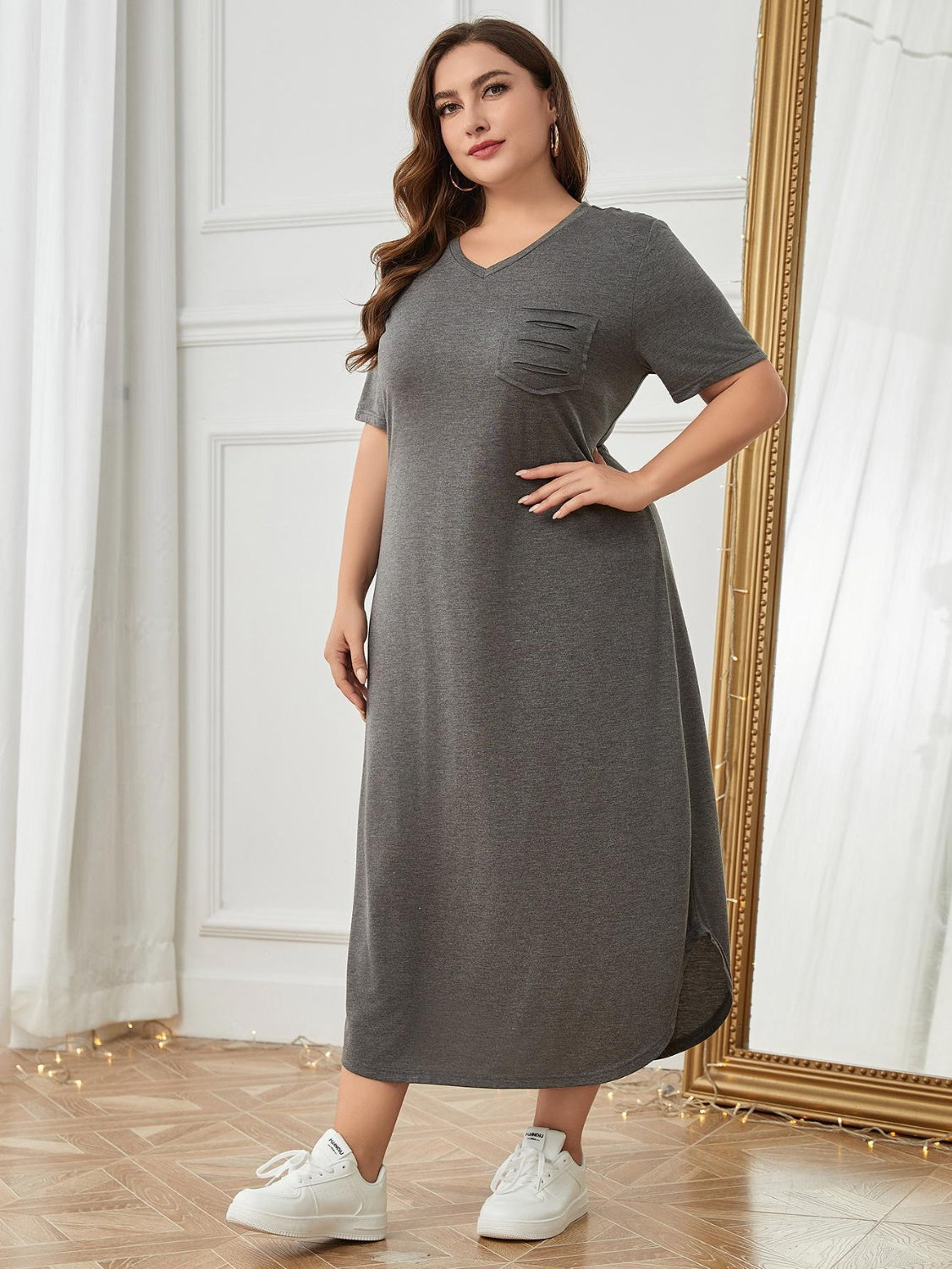 Plus Size Pocketed V-Neck Short Sleeve Lounge Dress