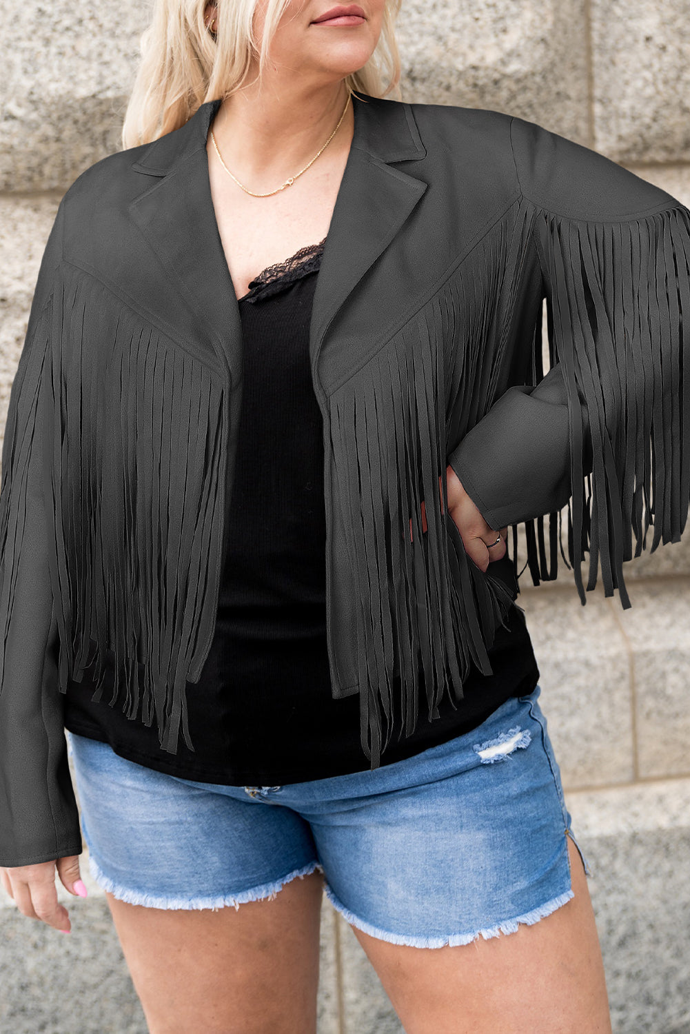 Veste ouverte à franges grande taille