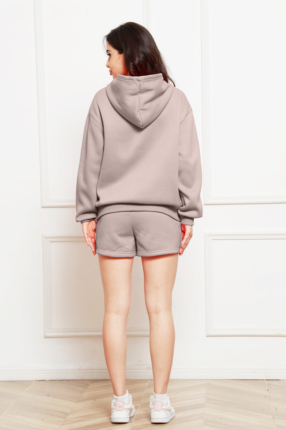 Drop Shoulder Long Sleeve Hoodie and Shorts Set