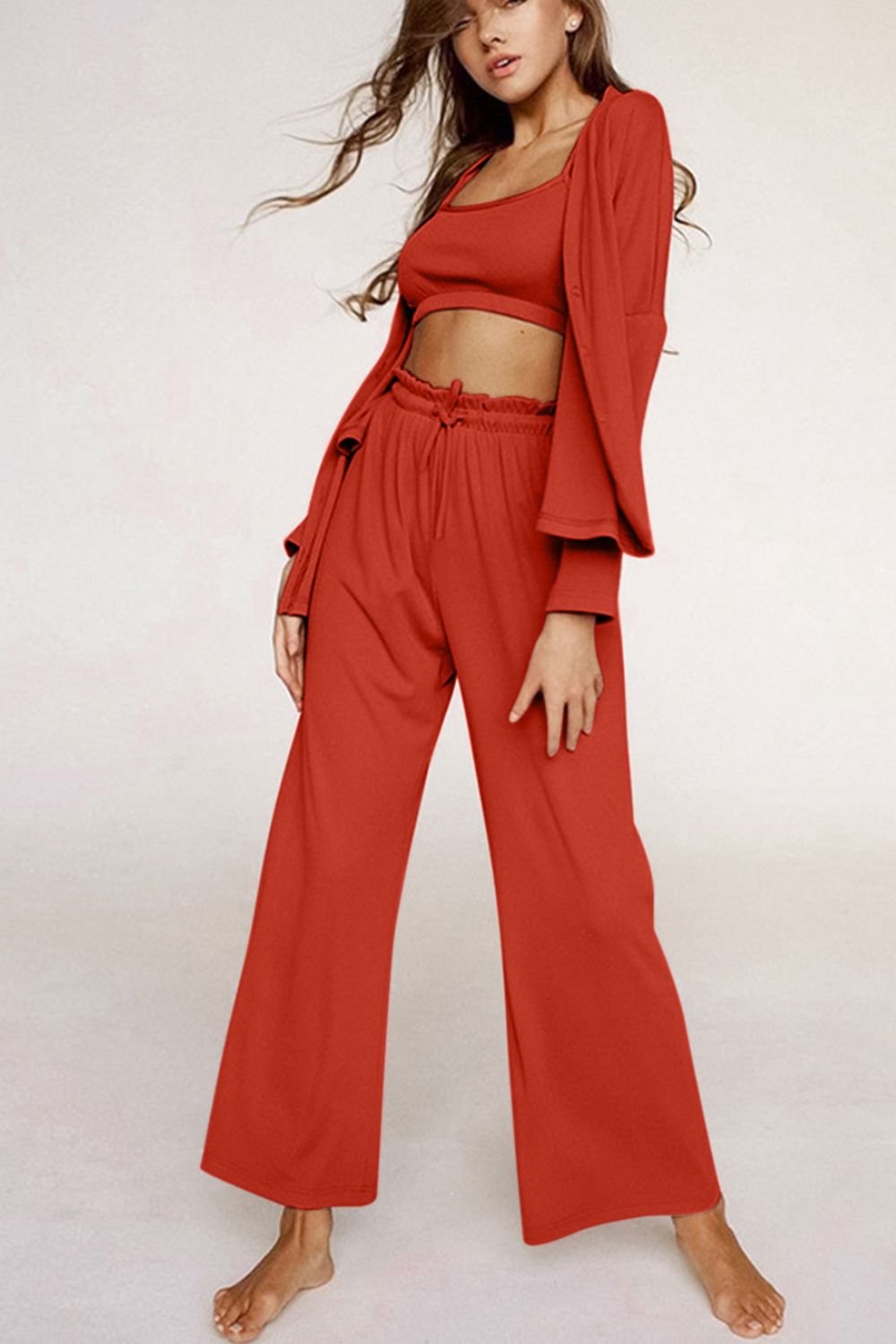 Spaghetti Strap Bra, Open Front Cardigan and Drawstring Pants Set