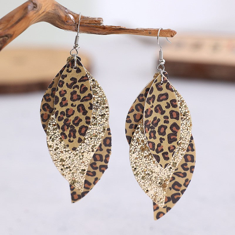 Boucles d'oreilles en cuir PU motif feuille de léopard