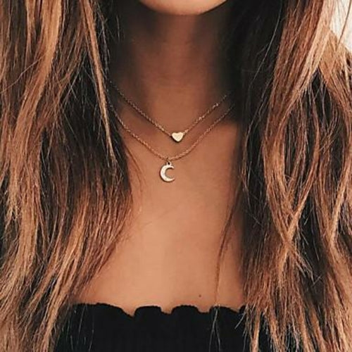 Collier à deux rangs avec lune et cœur 