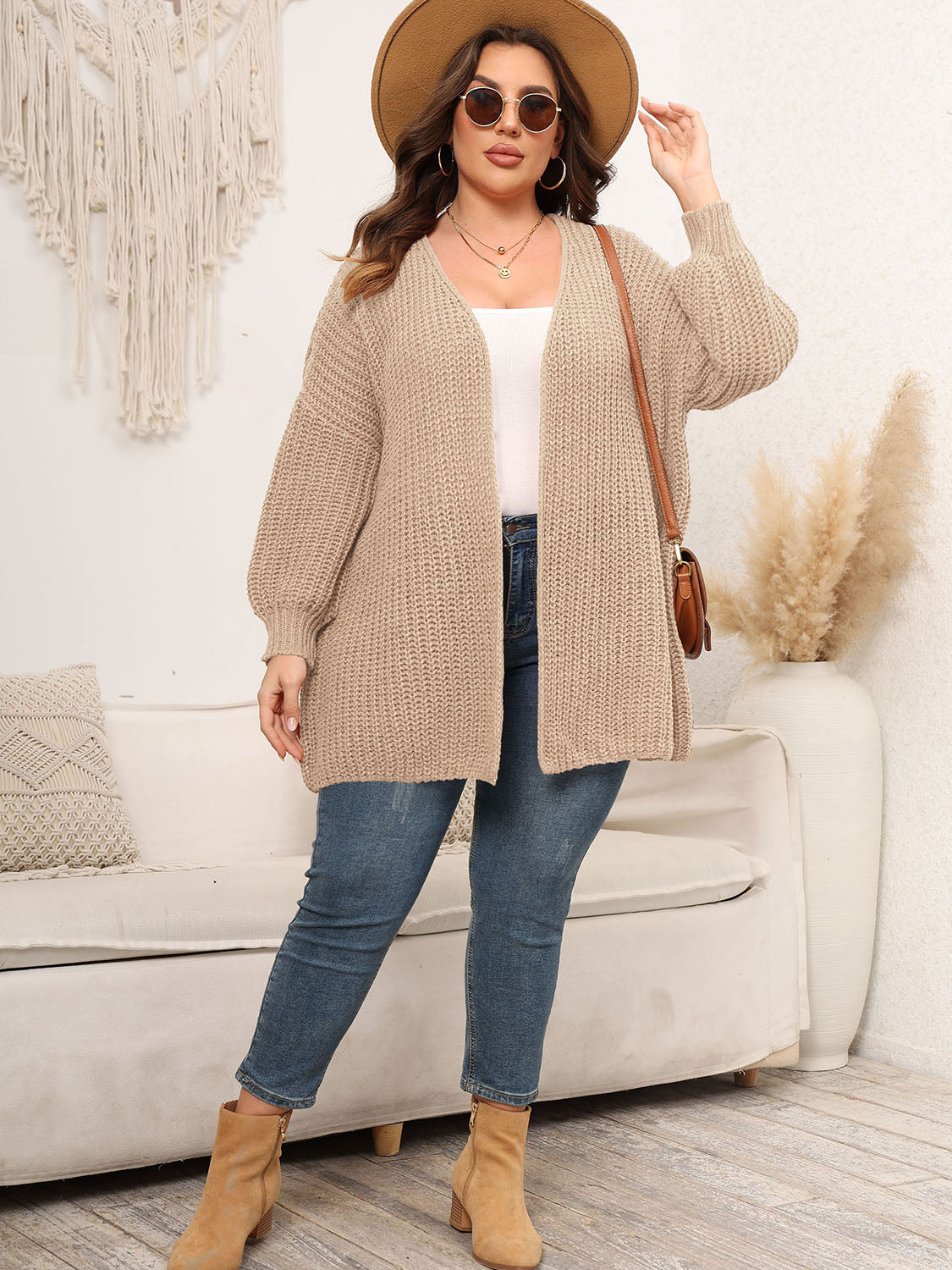 Cardigan en tricot à épaules tombantes et devant ouvert grande taille