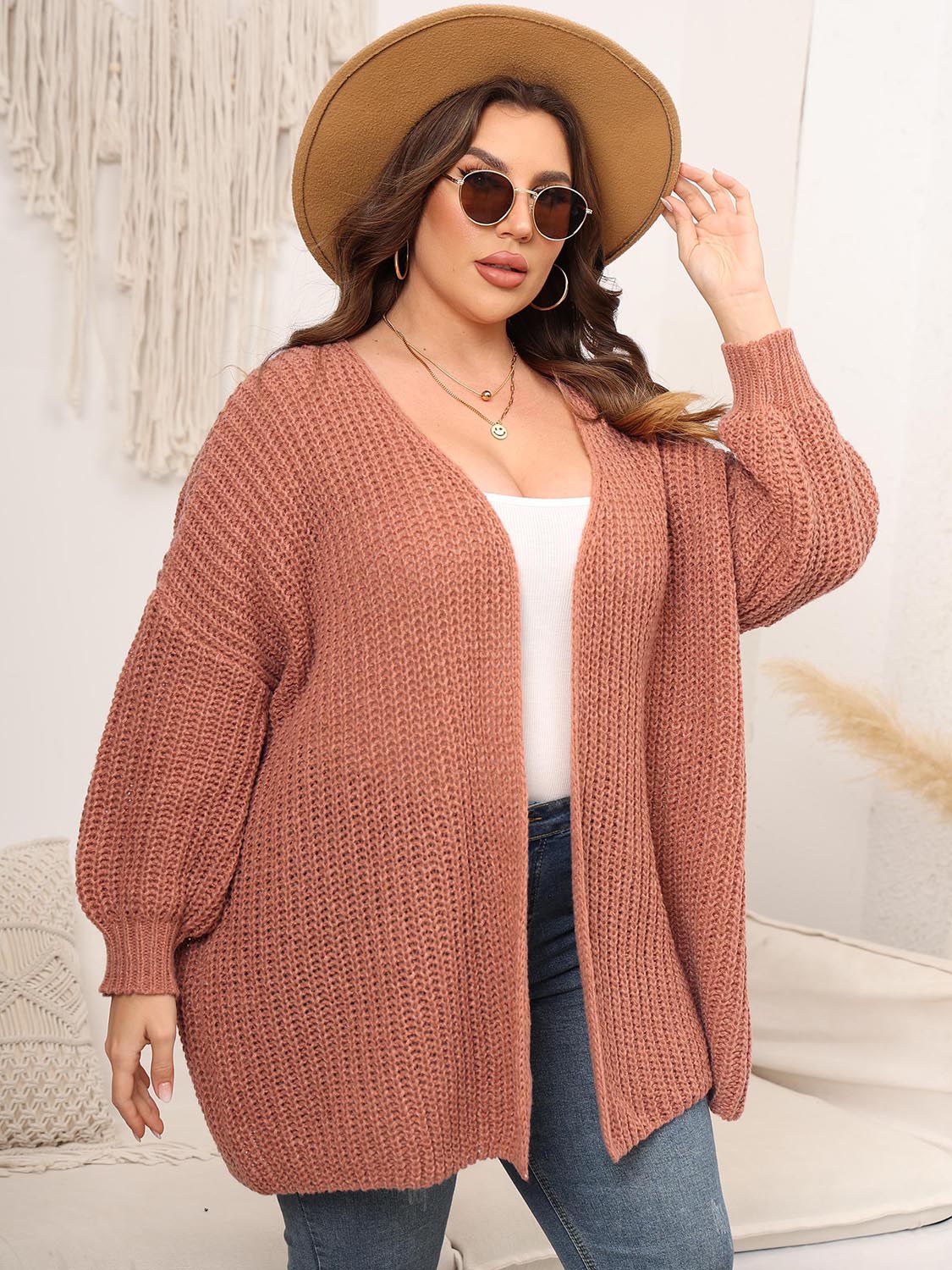 Cardigan en tricot à épaules tombantes et devant ouvert grande taille