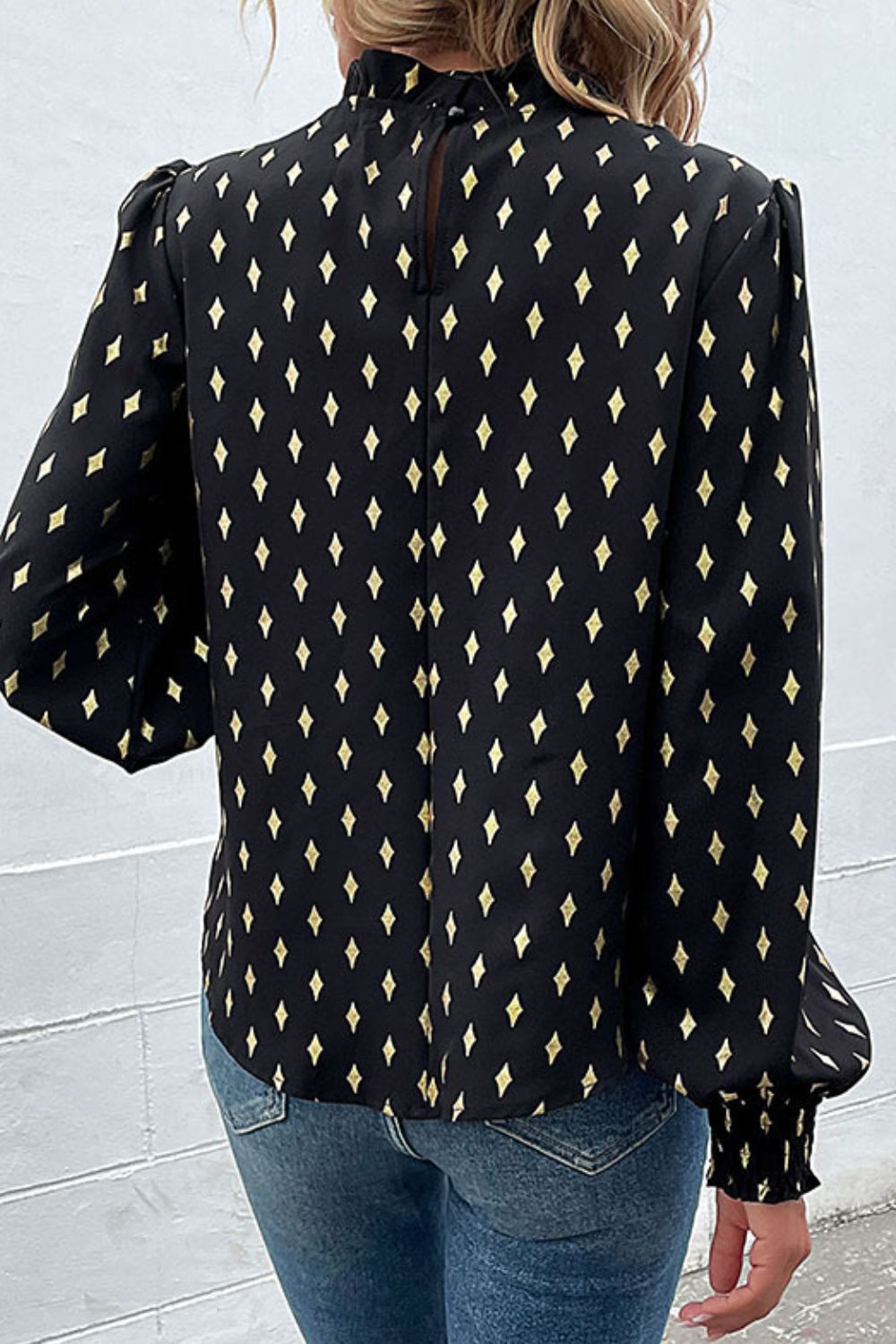 Perfee Geometric Print Frill Neck Lantern Sleeve Blouse