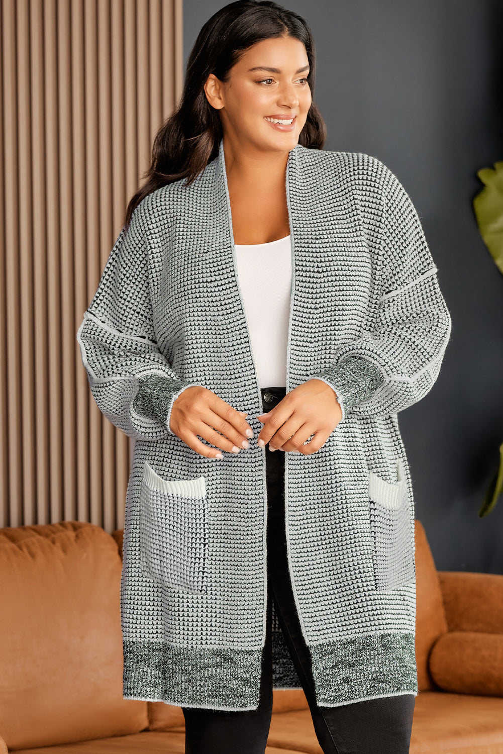 Cardigan long ouvert sur le devant grande taille