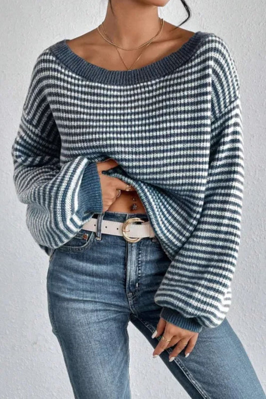 Striped Boat Neck Long Sleeve Sweater