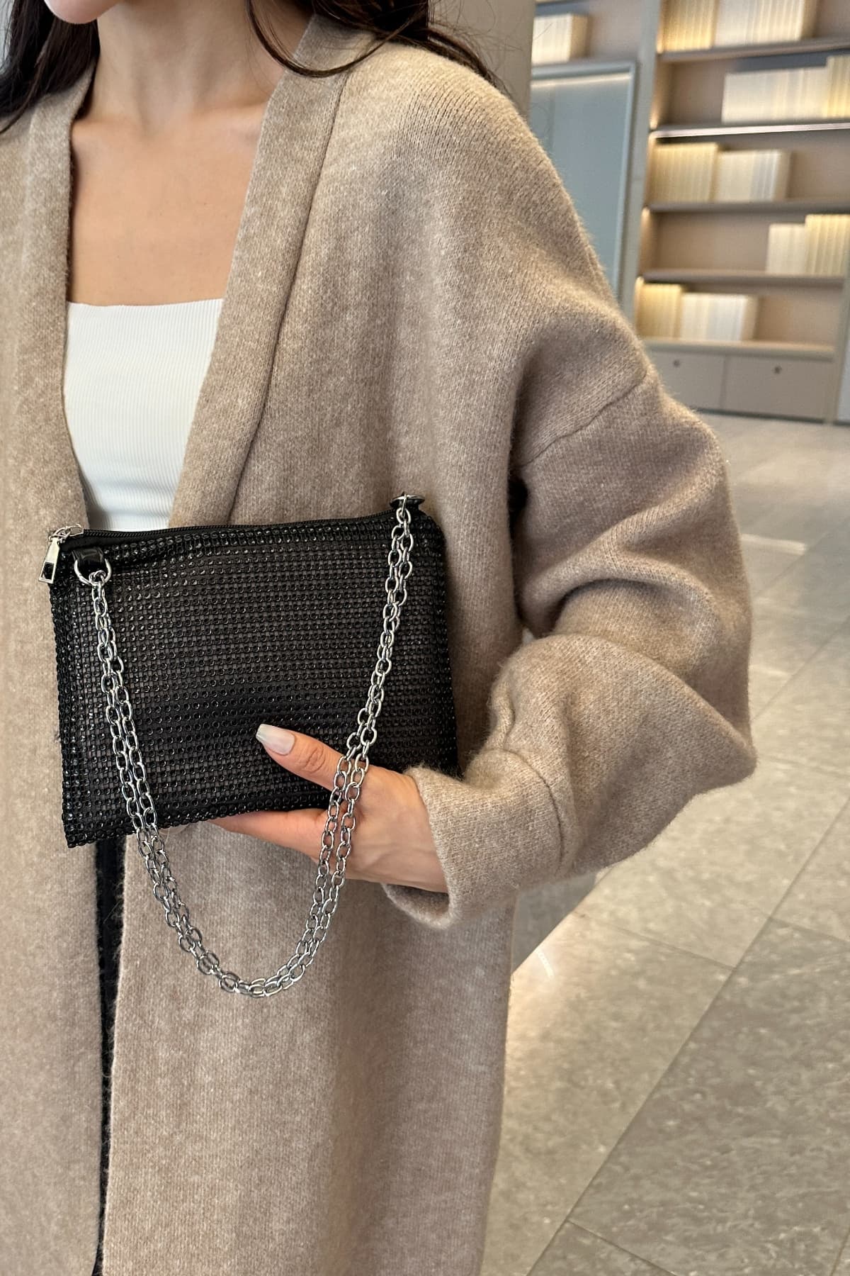 Rhinestone Polyester Chain Crossbody Bag