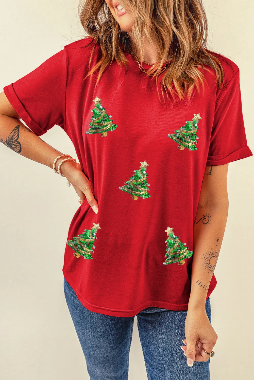 T-shirt à manches courtes et col rond avec motif sapin de Noël à paillettes