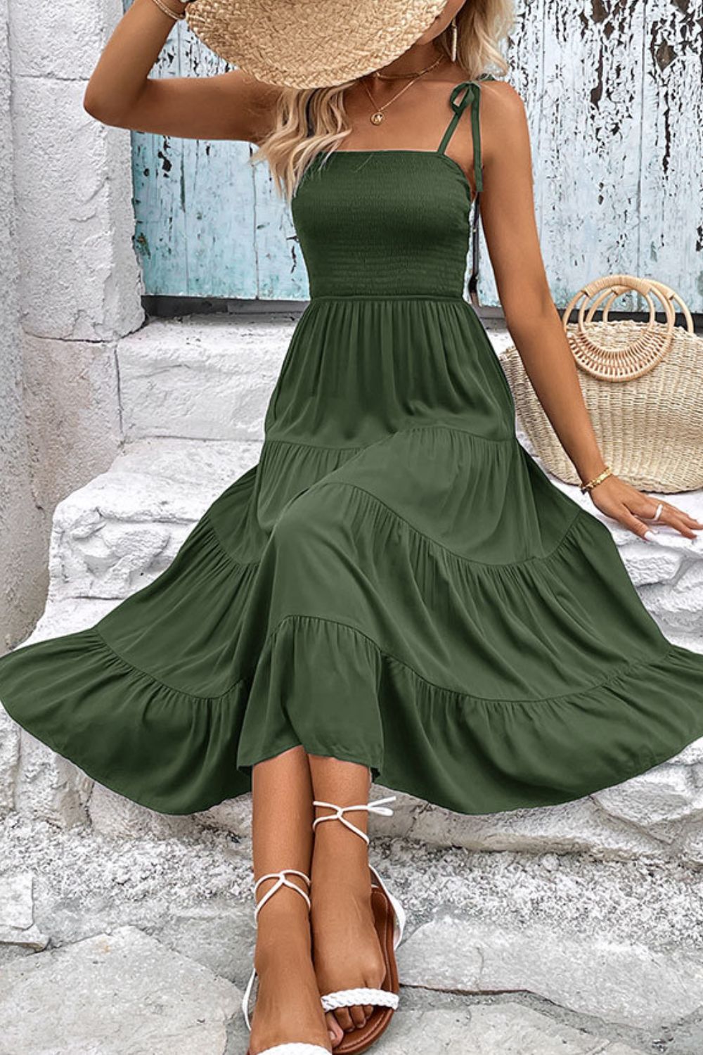 Perfee Tie-Shoulder Tiered Midi Dress