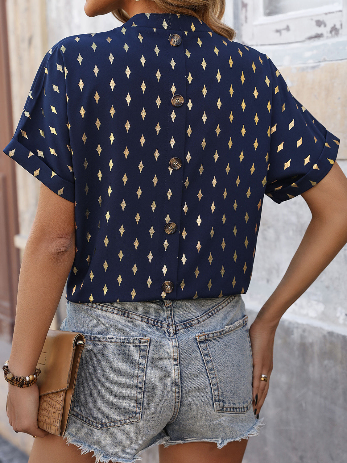 Perfee Printed Notched Short Sleeve Blouse